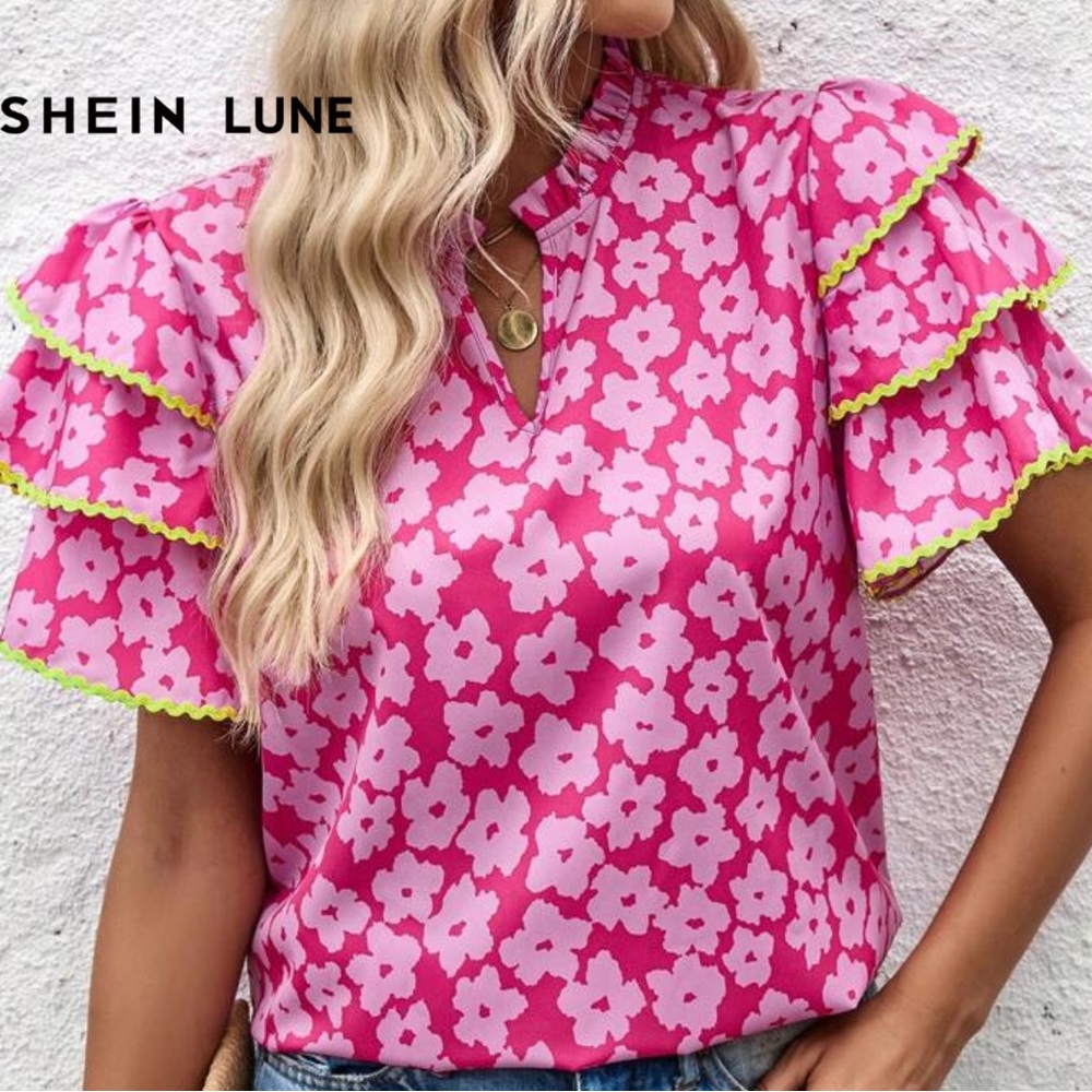 Pink Floral Ruffle Sleeve Top